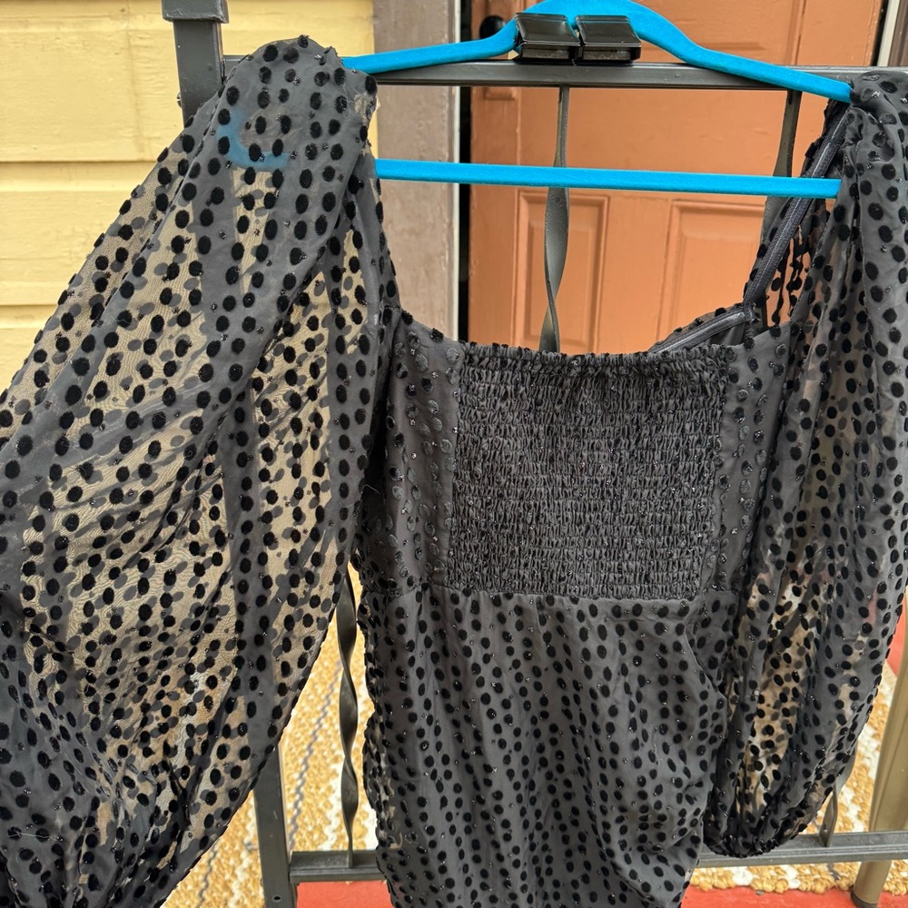 ASTR black burnout velvet asymmetrical dress polkadot puff long sleeve small - Picture 12 of 16